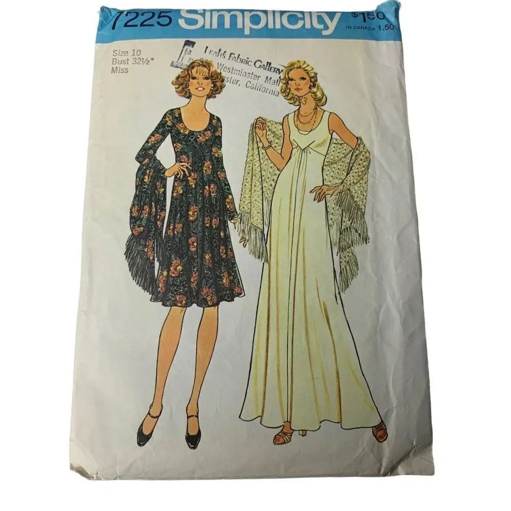 Vintage 70s Simplicity 7225 Pattern Misses 8-16 Empire Waist Dress Shawl Cut
